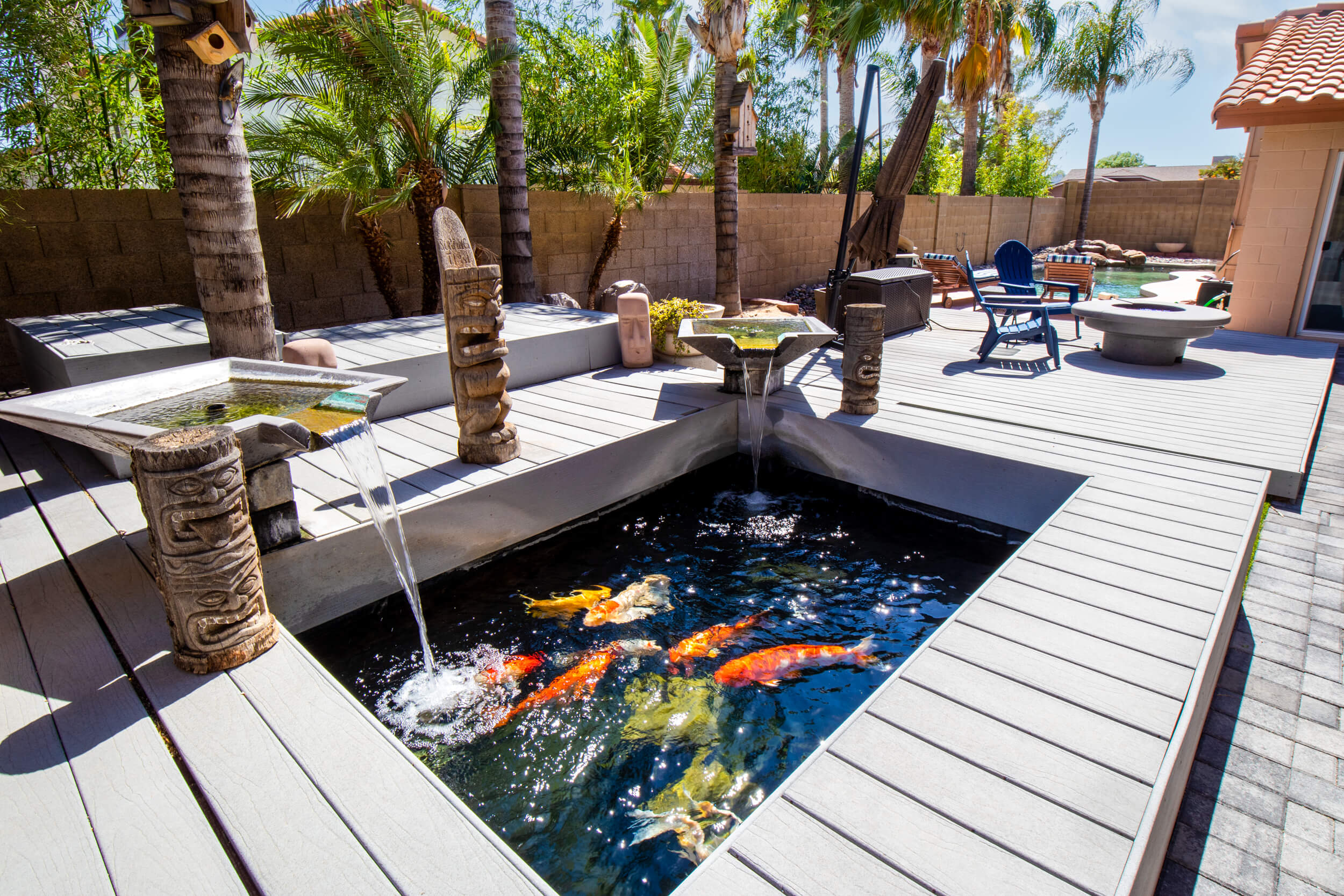Backyard water feature at mens supportive living home in Phoenix.
